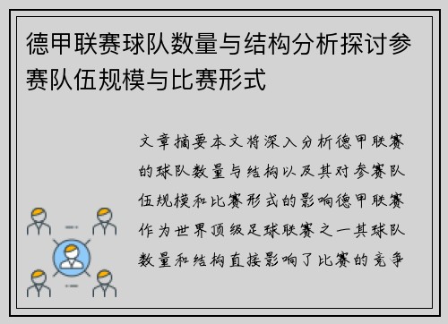 德甲联赛球队数量与结构分析探讨参赛队伍规模与比赛形式