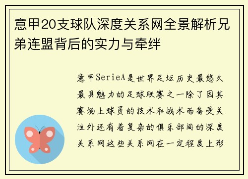 意甲20支球队深度关系网全景解析兄弟连盟背后的实力与牵绊