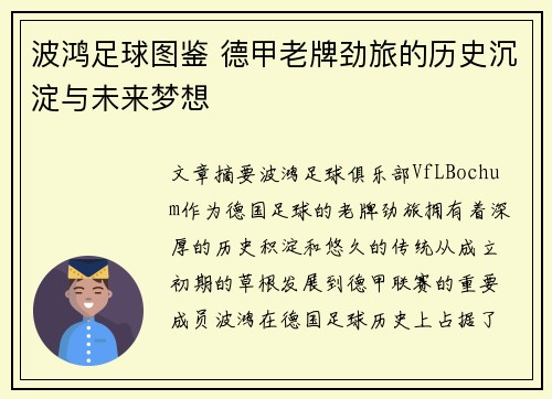 波鸿足球图鉴 德甲老牌劲旅的历史沉淀与未来梦想