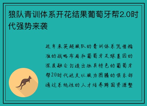狼队青训体系开花结果葡萄牙帮2.0时代强势来袭